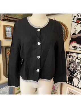 AD Clothing Co. Black Linen Top With Heart Buttons & Striped Trim Size M